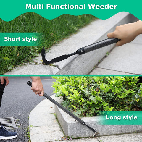 Lilyvane long reach tool helps weed removal from decks and driveways.