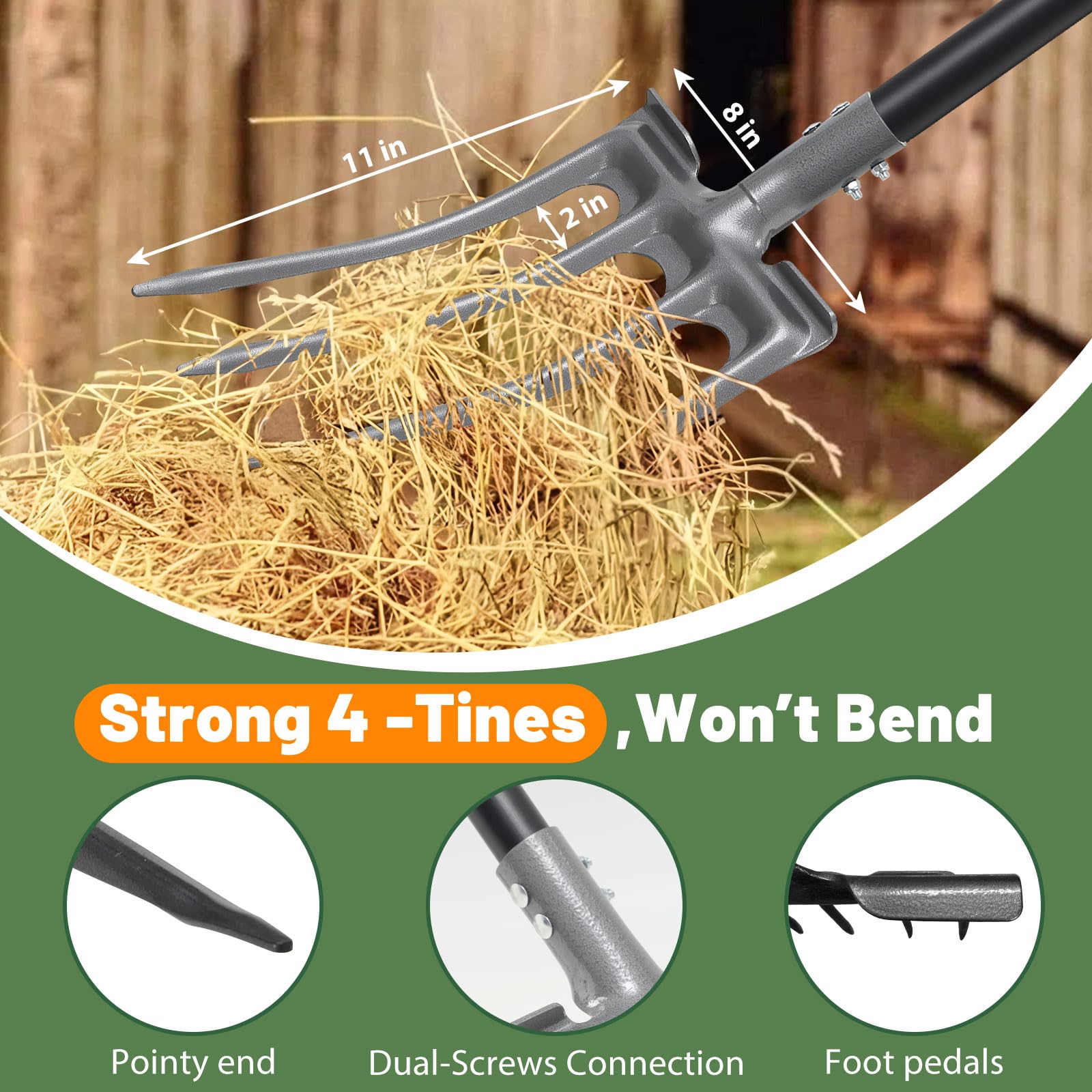 Lilyvane pitchfork 46-inch length provides extended reach for hard-to-reach beds.