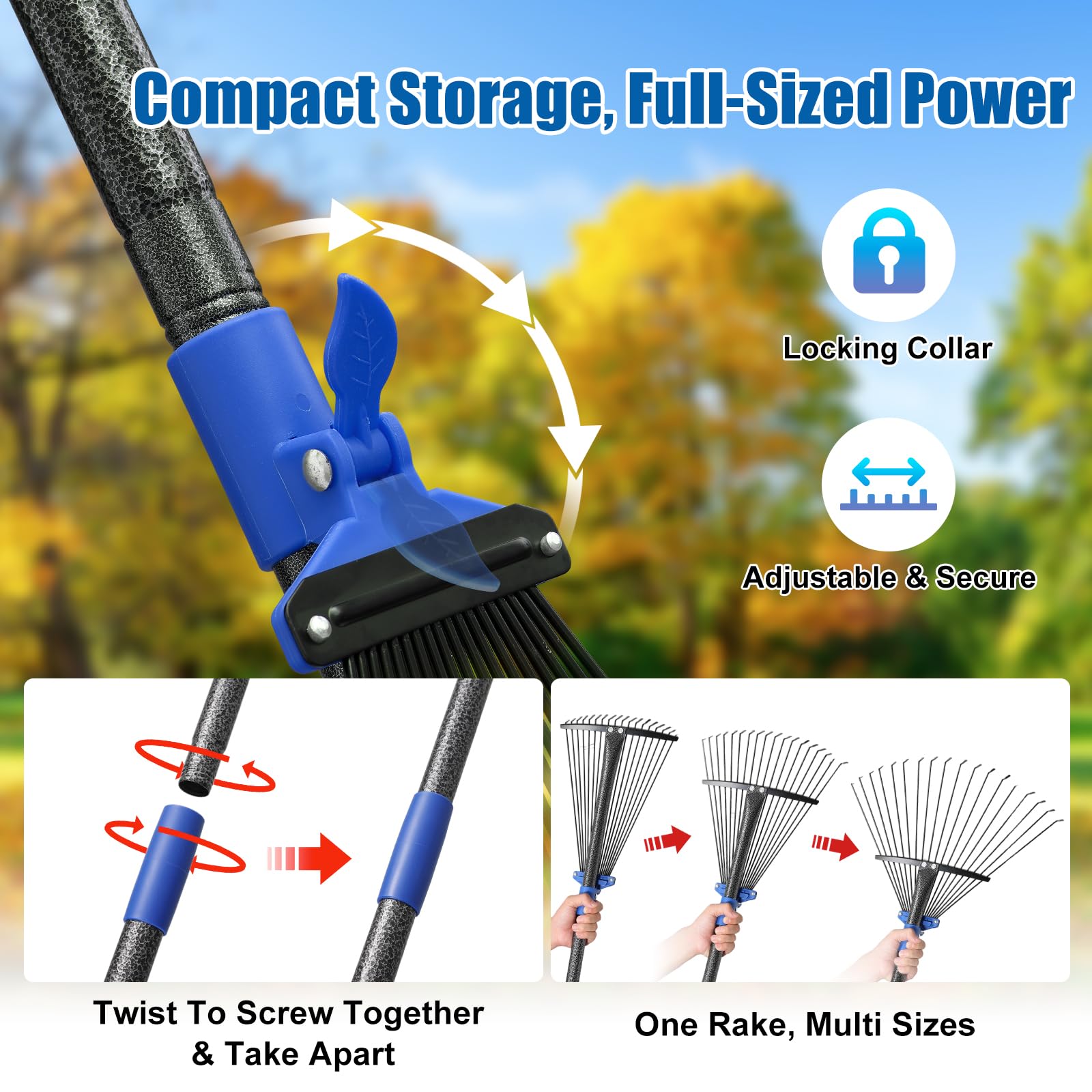 Lilyvane collapsible rake head enables compact storage after cleanup