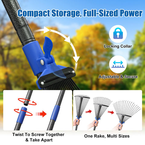 Lilyvane collapsible rake head enables compact storage after cleanup