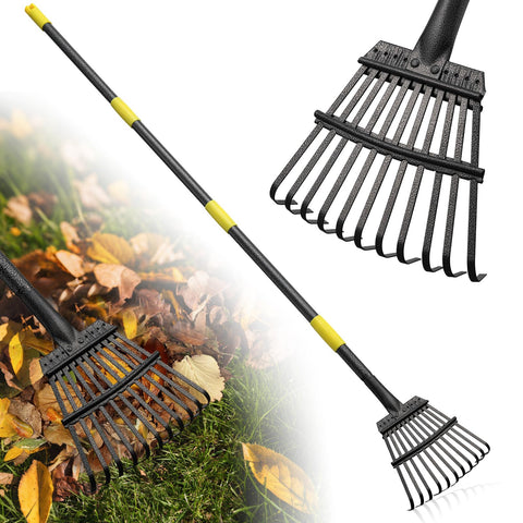 Lilyvane rake with an 8.5-inch head clears leaf debris efficiently in a lawn