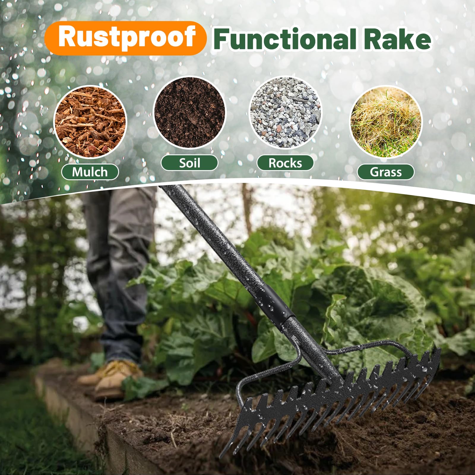 Lilyvane two-sided rake head enables versatile weed and thatch removal.