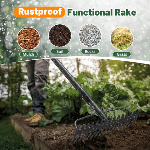 Lilyvane two-sided rake head enables versatile weed and thatch removal.