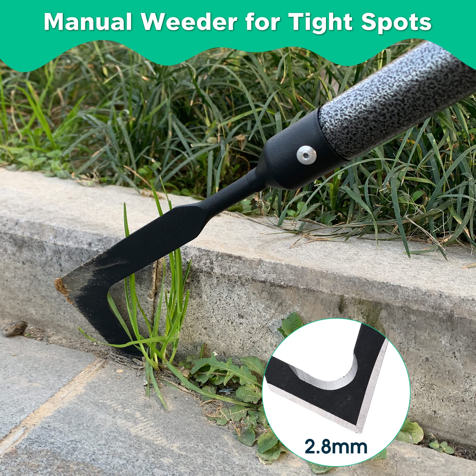 Lilyvane L-shaped design enables versatile weed cutting and digging tasks.