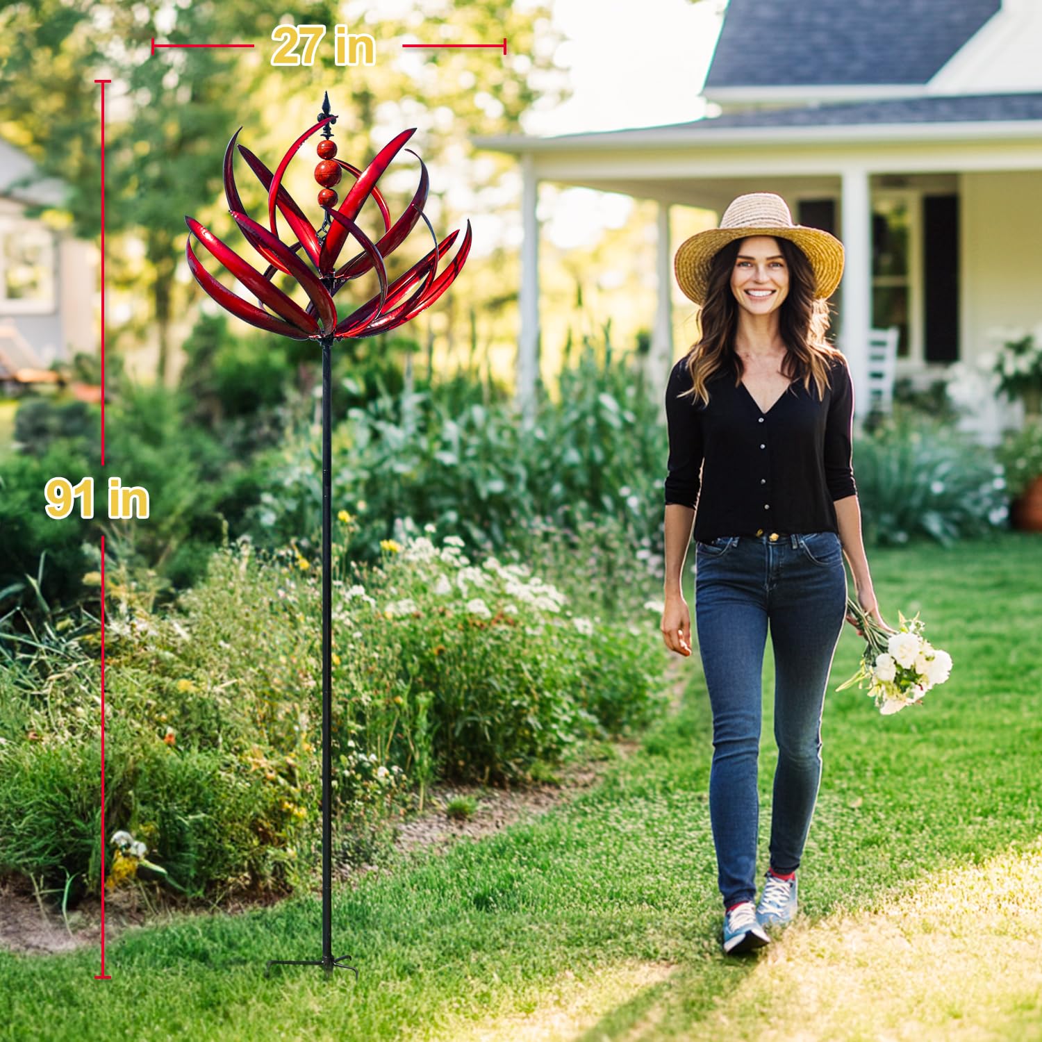 LimeHill Wind Spinner 360-degree rotation captures sunlight for dynamic yard decor.