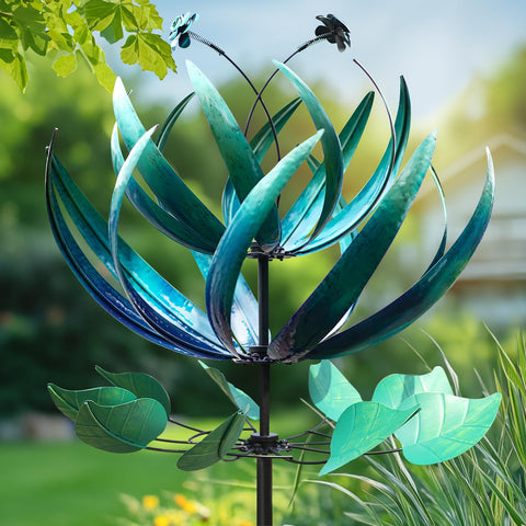 LimeHill wind spinner blue lotus front view enhances yard decor with a bold focal point.