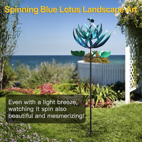 LimeHill wind spinner blue lotus stake base ensures stable, weather ready installation.