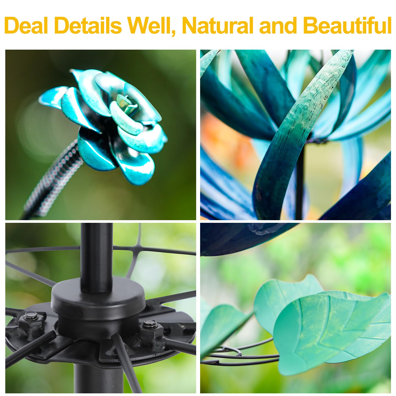 LimeHill wind spinner blue lotus top view highlights its symmetrical sculpture in sun.