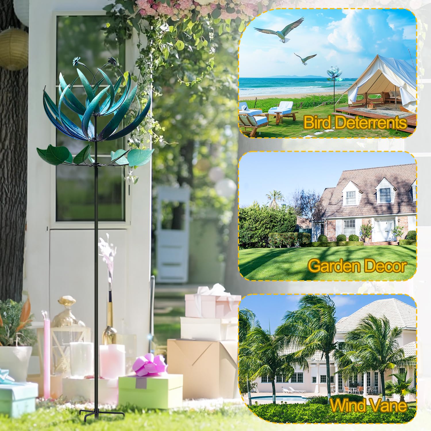 LimeHill wind spinner blue lotus UV resistant coating resists fading in bright sunlight.