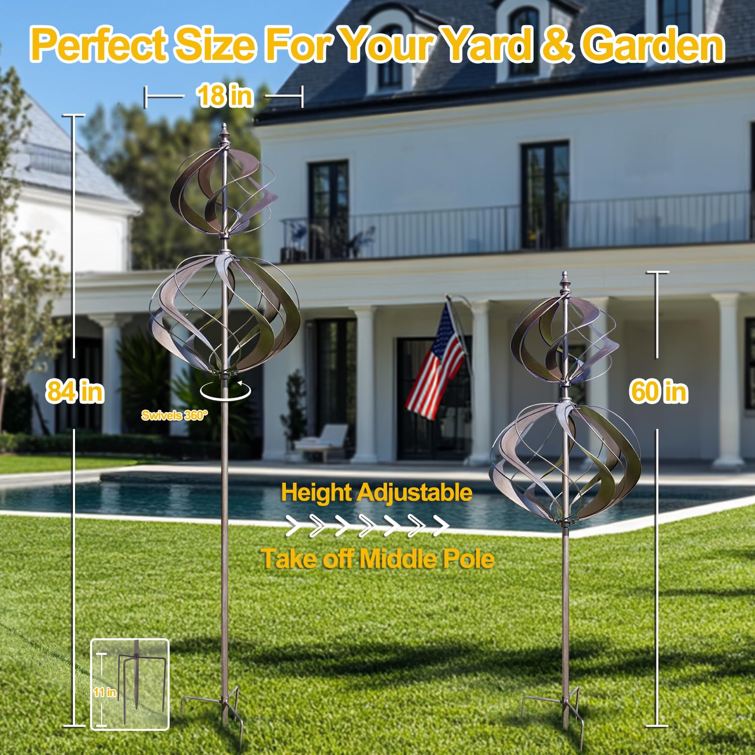 LimeHill wind spinner on a sturdy pronged base for outdoor stability.