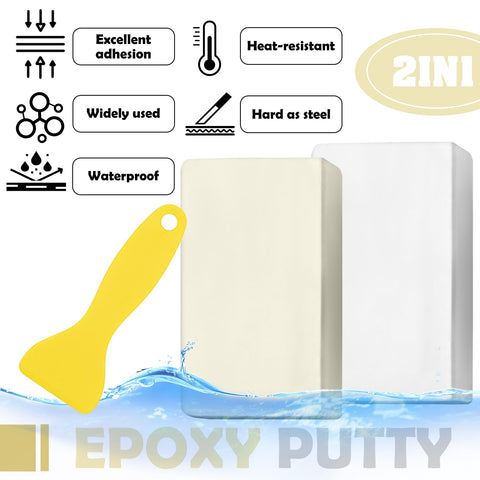 Limino Epoxy Putty equal-parts mixing shown with scraper for fast repairs.