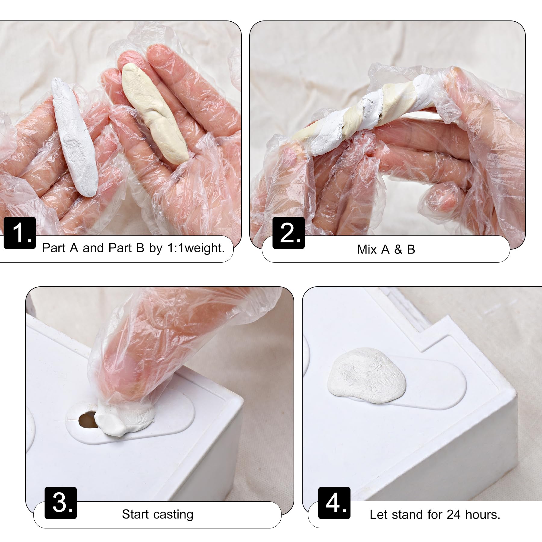Epoxy putty kit includes scraper for easy mixing.