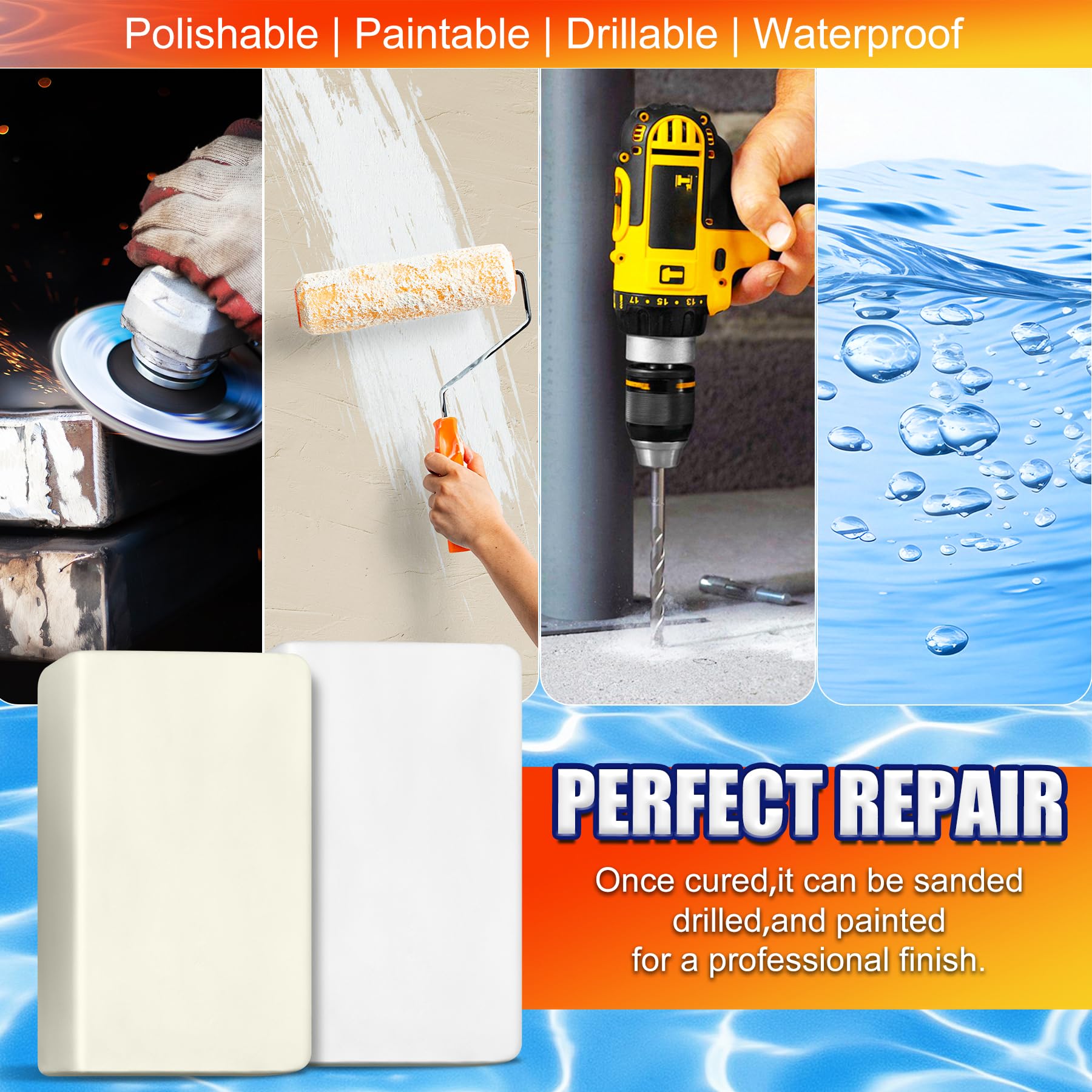 Limino Pool Putty bonds to tiles and concrete for versatile repairs.