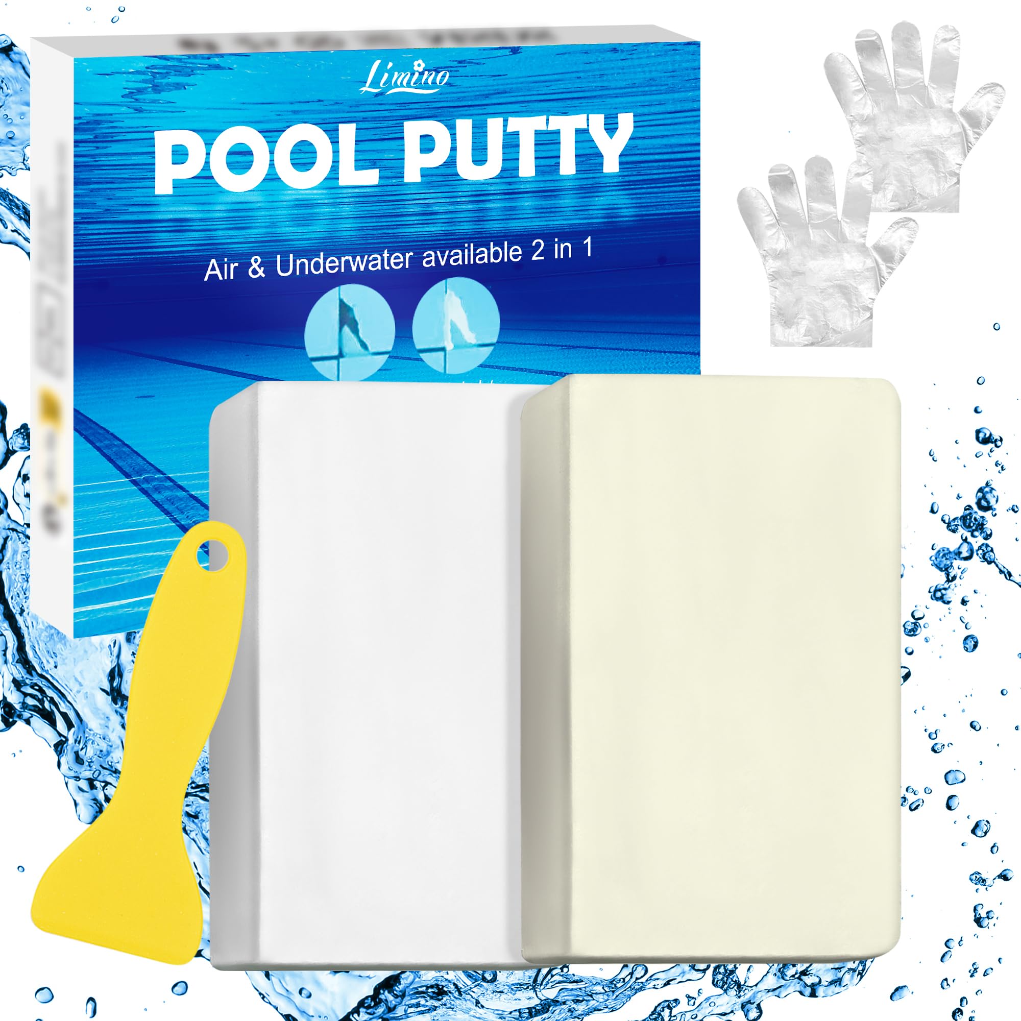 Limino pool putty bottle demonstrates underwater curing for a durable repair.
