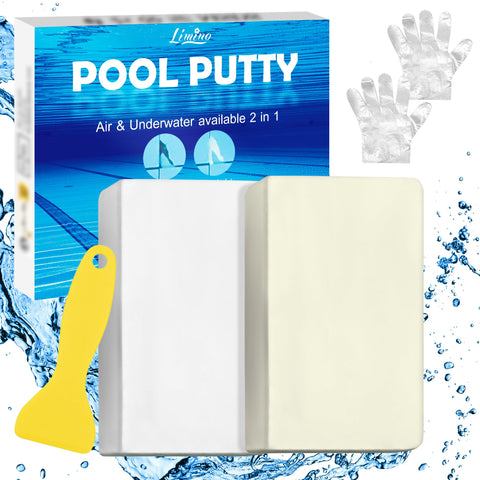 Limino pool putty bottle demonstrates underwater curing for a durable repair.