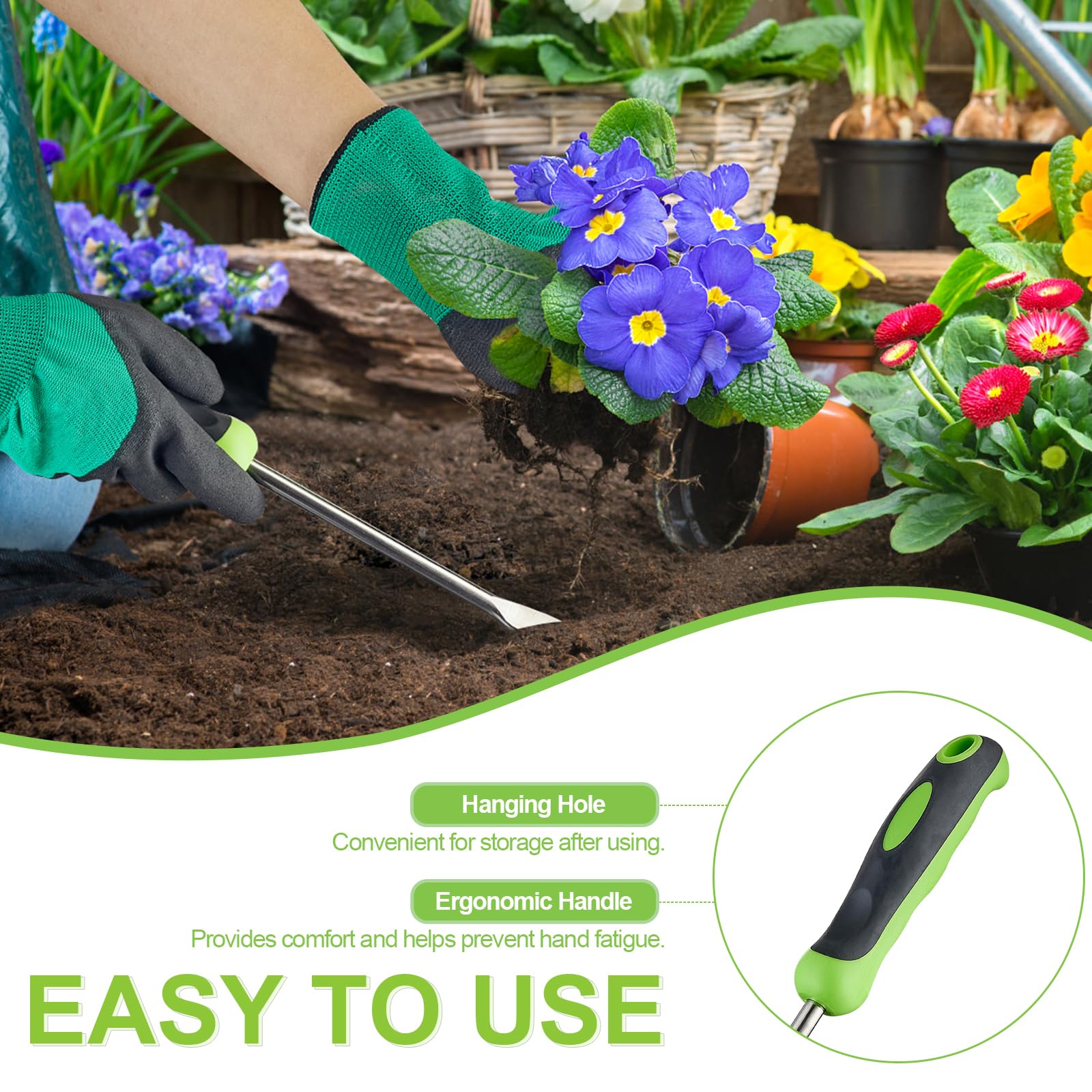Linatikou ergonomic non-slip grip reduces hand strain during long weeding sessions.