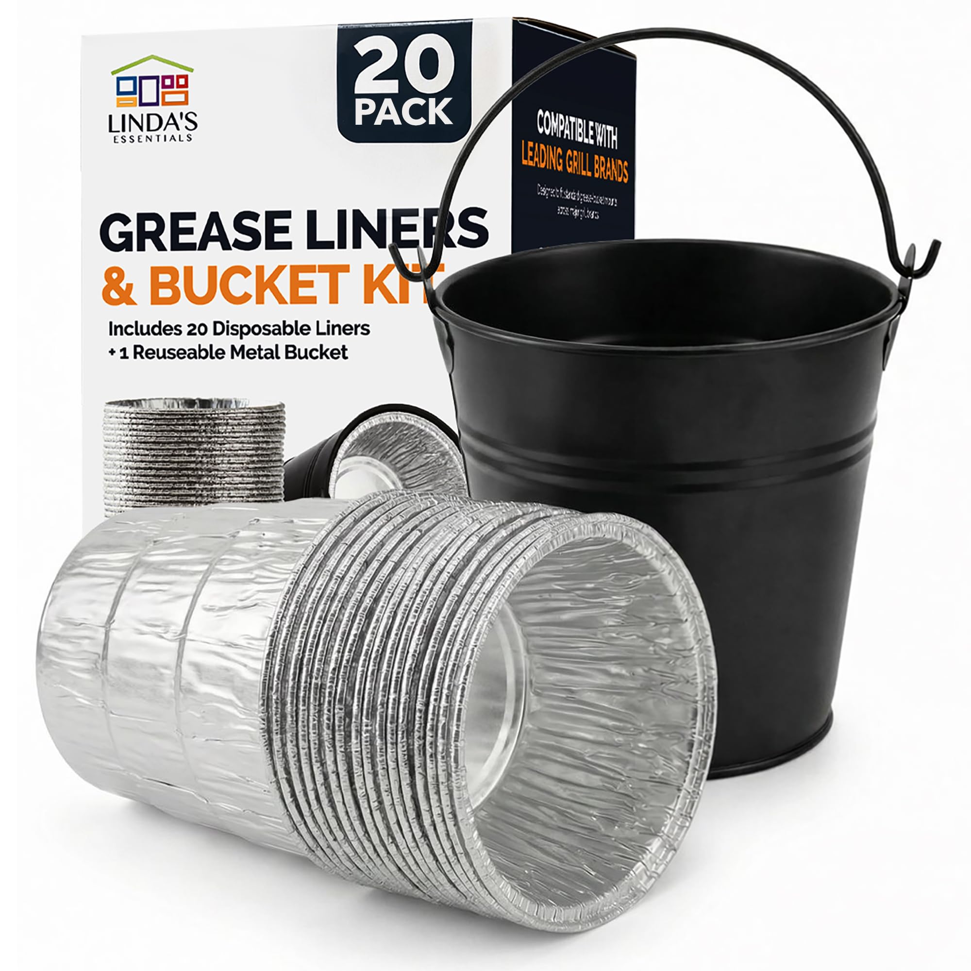 Linda's Essentials grease bucket with liners for mess-free pellet grill cleanup.