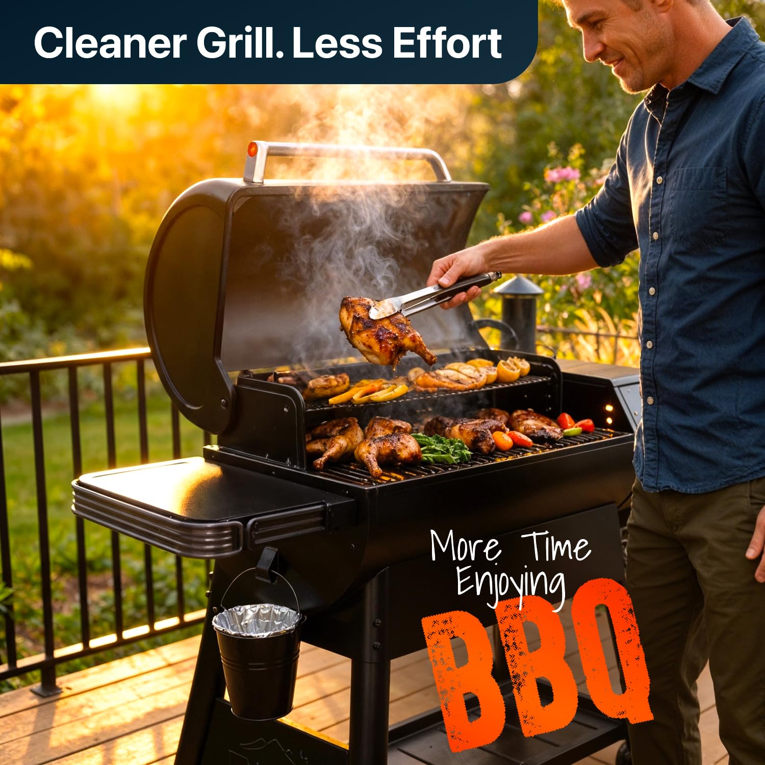 Linda's Essentials pellet grill drip bucket compatibility with popular grills illustrated.
