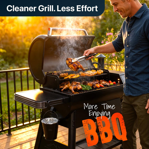 Linda's Essentials pellet grill drip bucket compatibility with popular grills illustrated.