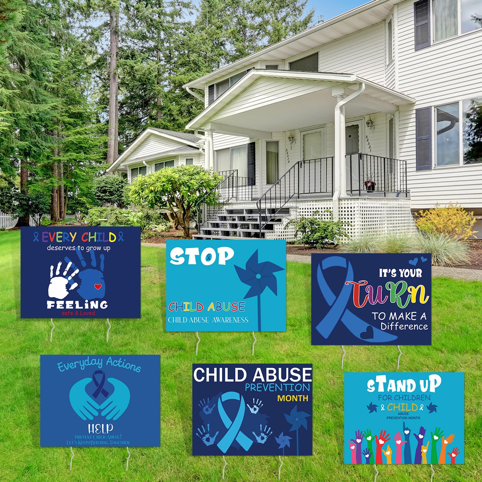 Lineshading child abuse prevention yard sign side view showing easy stake installation.
