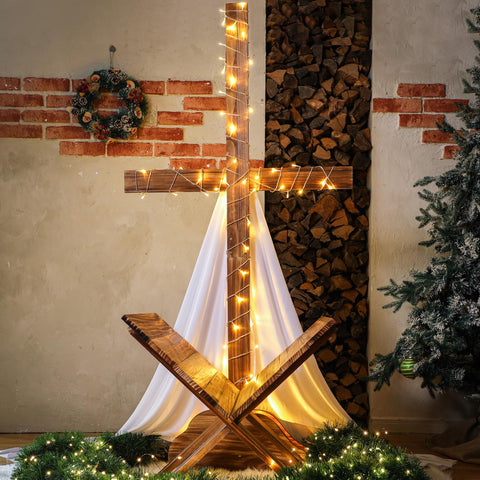 Lineshading wooden cross yard display in garden setting