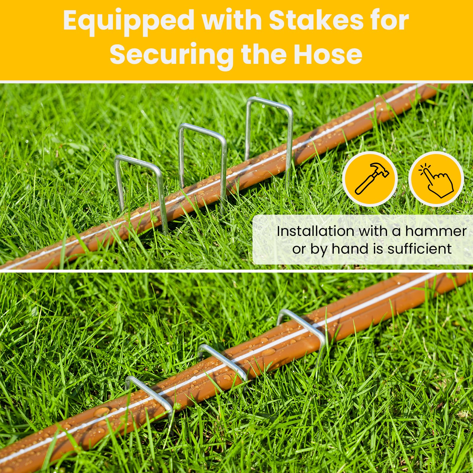 Metal staples secure the LINEX hose along the soil.