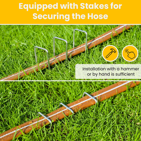 Metal staples secure the LINEX hose along the soil.