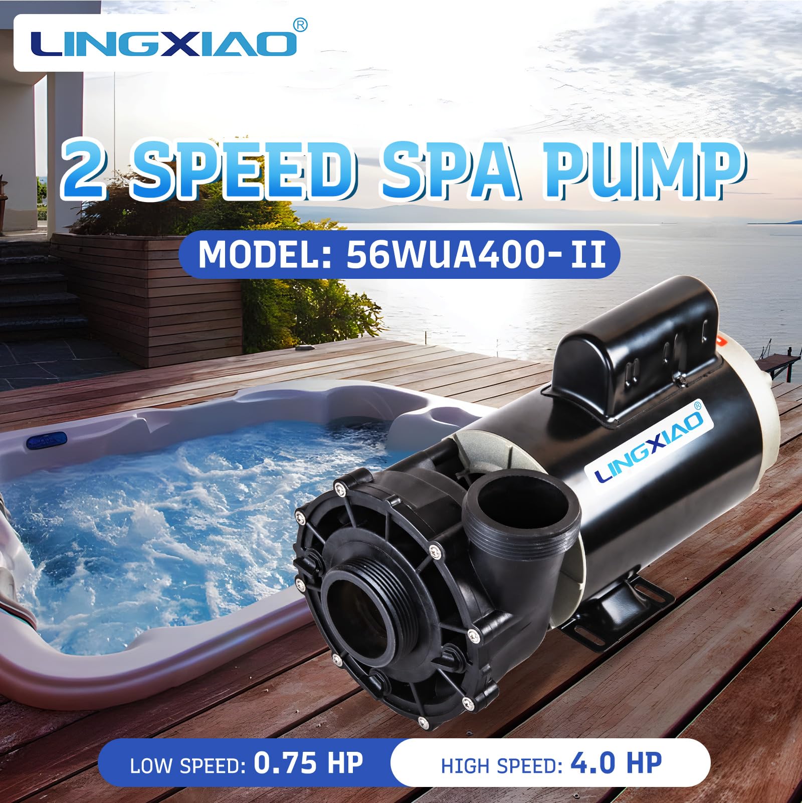 LINGXIAO spa pump side view showing compact design for easy installation.