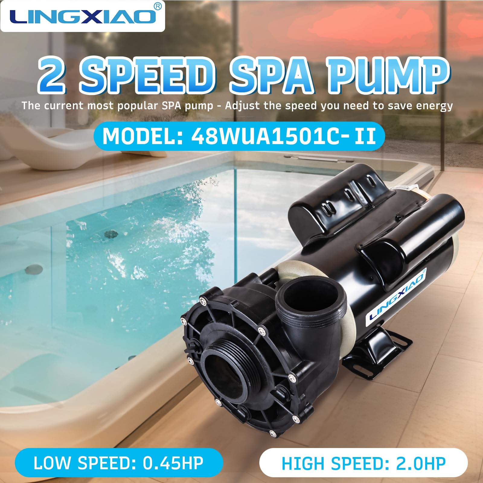 LINGXIAO SPA pump top view highlighting compact footprint for installations
