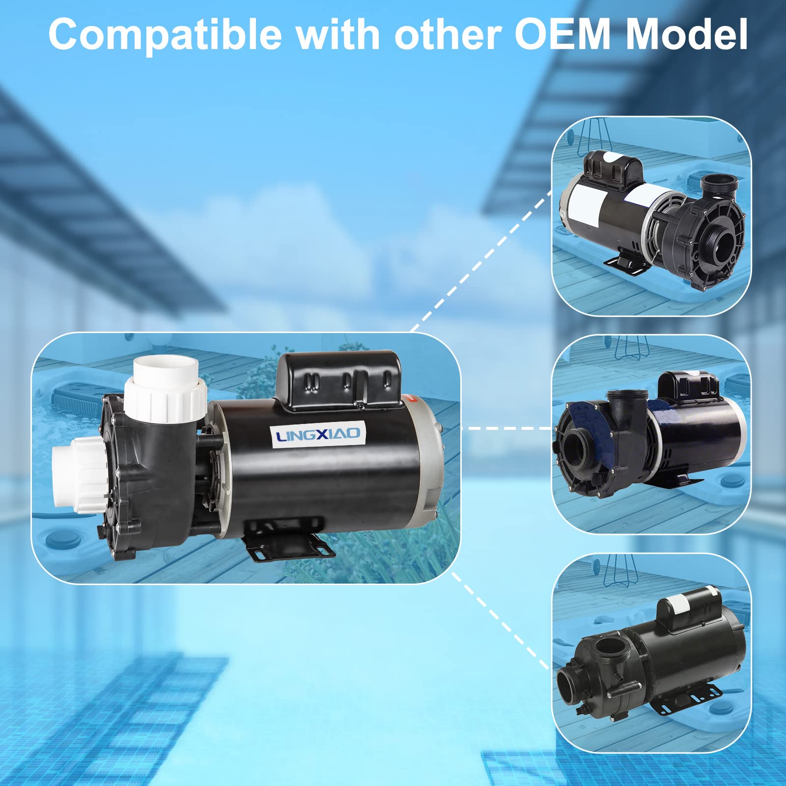 LINGXIAO SPA pump 56WUA400-I packaging with union kit for easy setup.