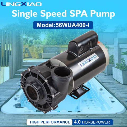 LINGXIAO SPA pump 56WUA400-I side view showing compact footprint for small spa cabinets.