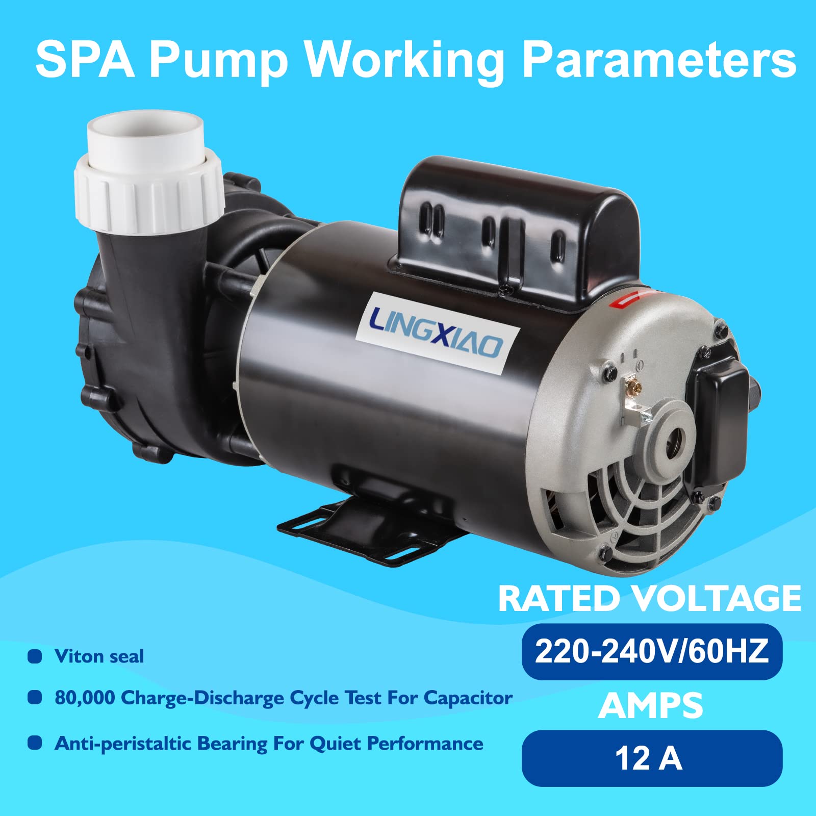LINGXIAO SPA pump 56WUA400-I technical label highlights safety and certifications.
