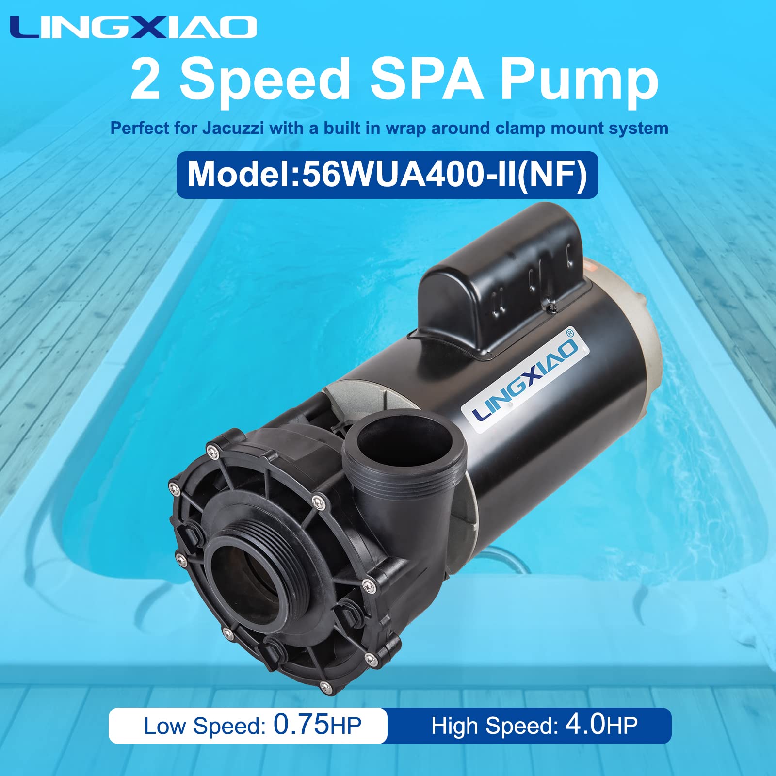 LINGXIAO WUA400-II spa pump ports close-up highlighting 2-inch plumbing compatibility.