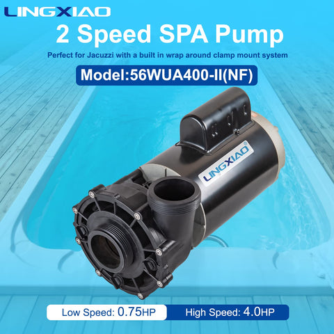 LINGXIAO WUA400-II spa pump ports close-up highlighting 2-inch plumbing compatibility.
