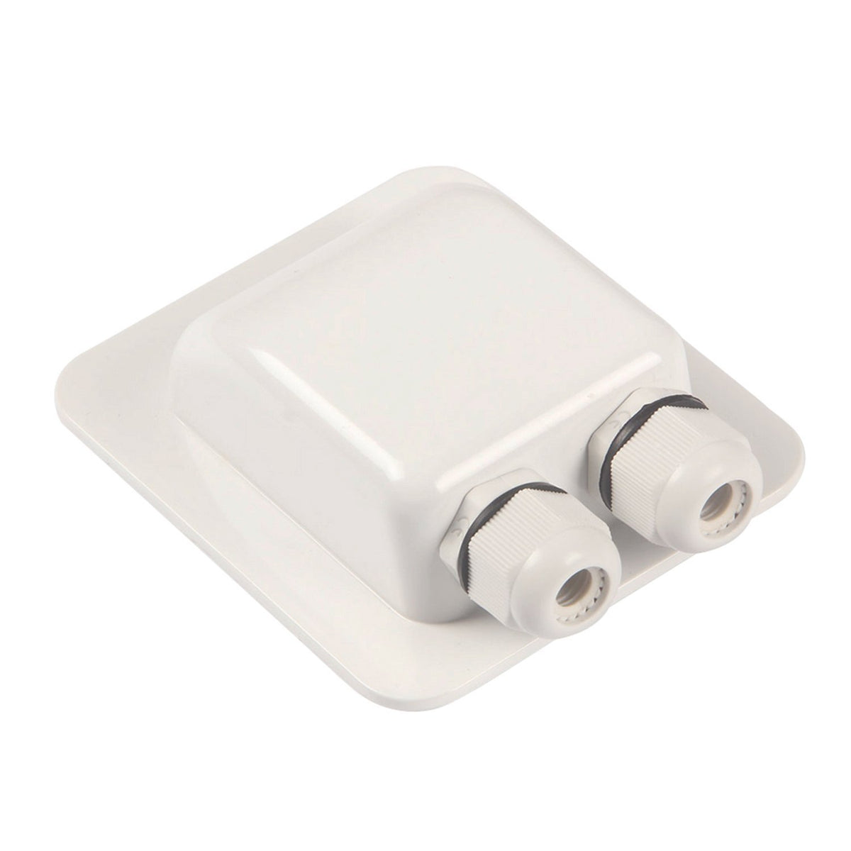 Link Solar waterproof ABS double cable entry gland mounted on a solar panel for weatherproof cabling.