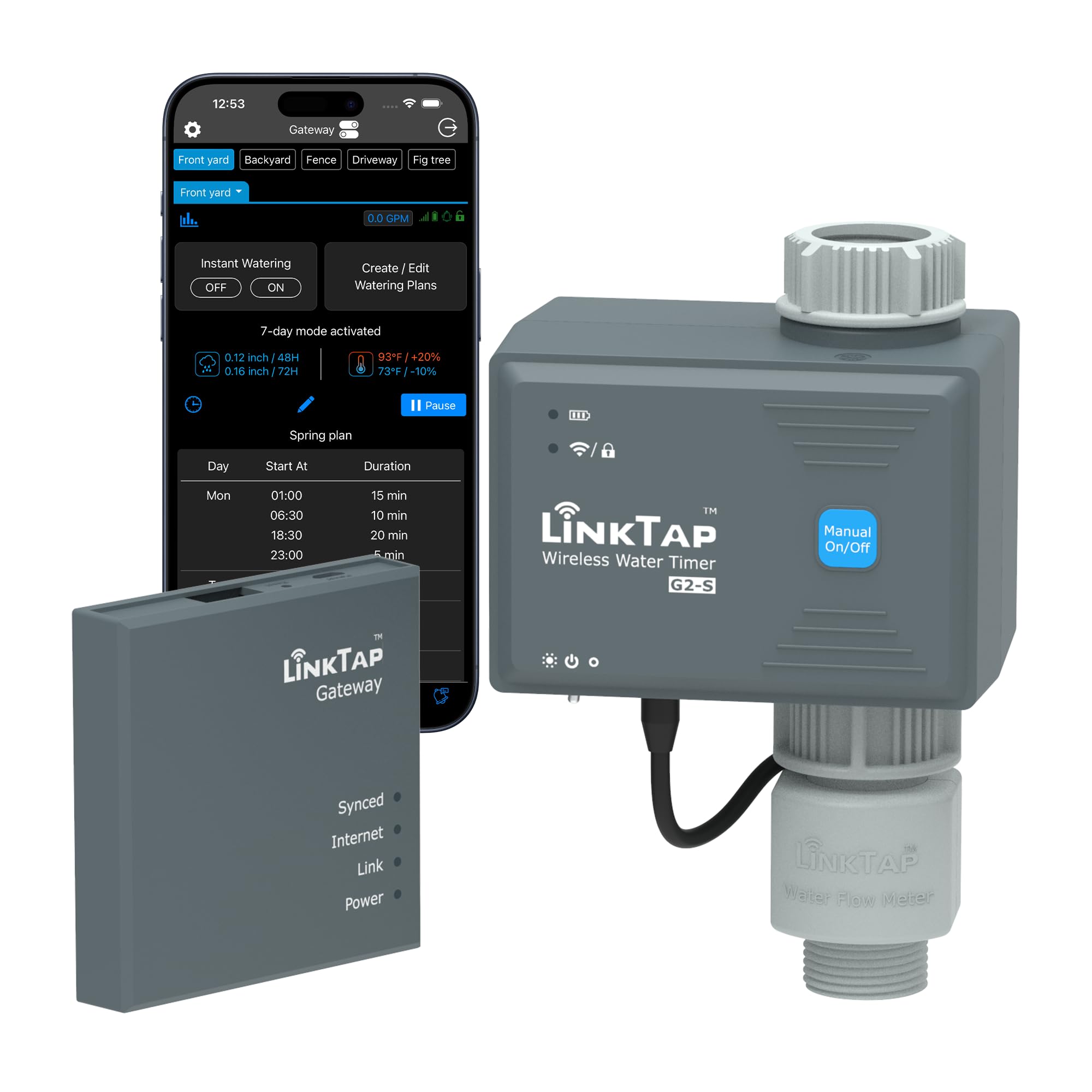 LinkTap G2S timer with gateway setup for weather-aware irrigation in a garden.