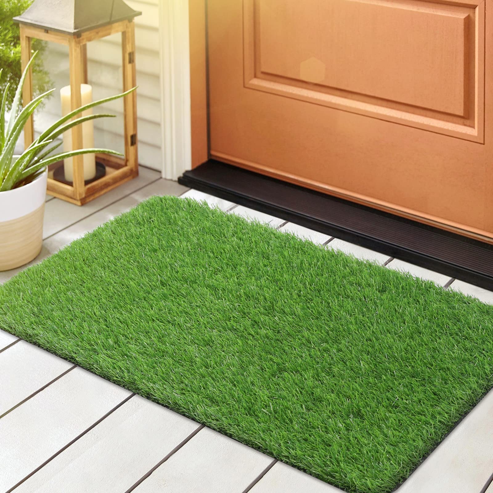 LINLA artificial grass door mat top view shows durable entryway turf.