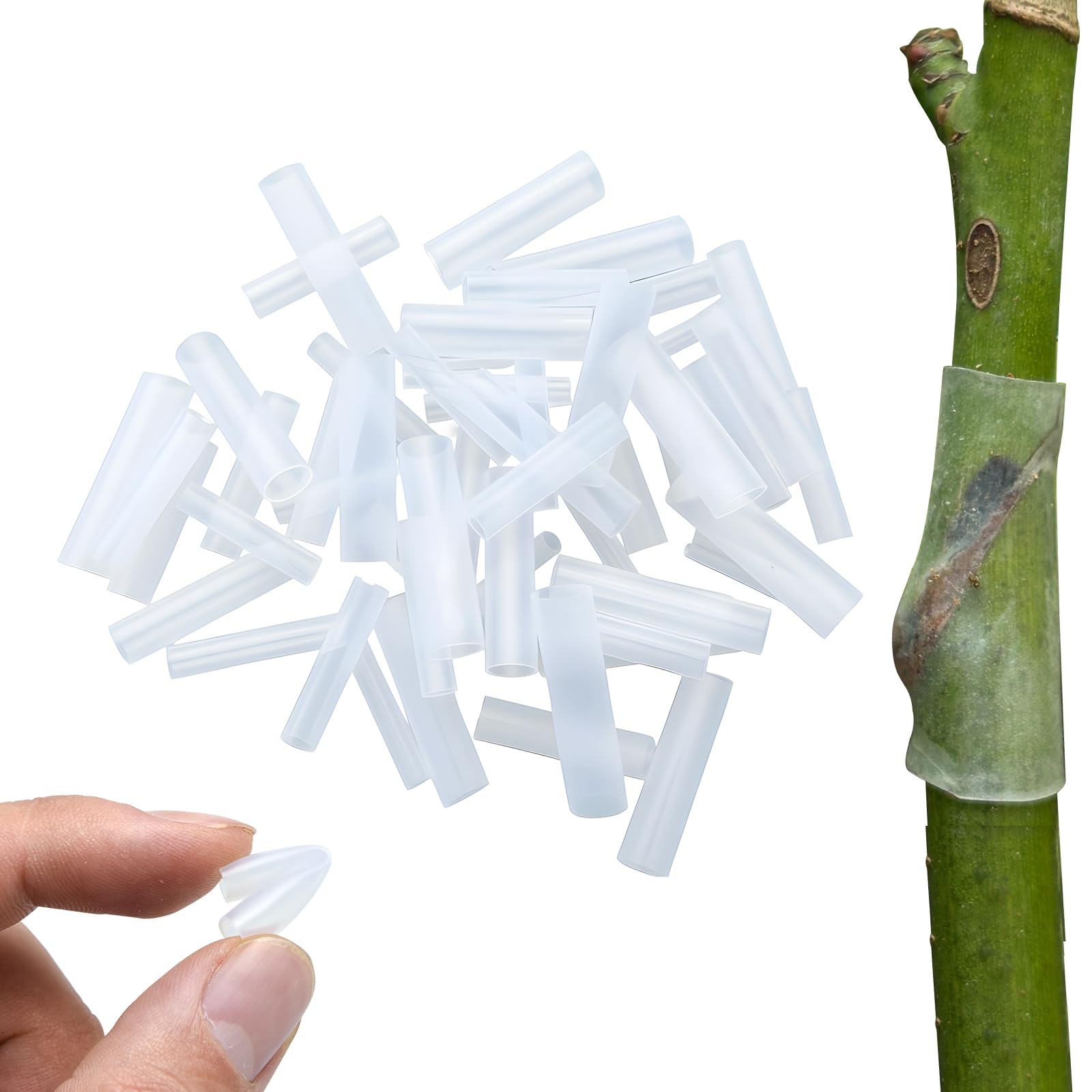 LINMUSEN silicone grafting sleeves 3-7-5mm on plant stem for secure cambium contact.
