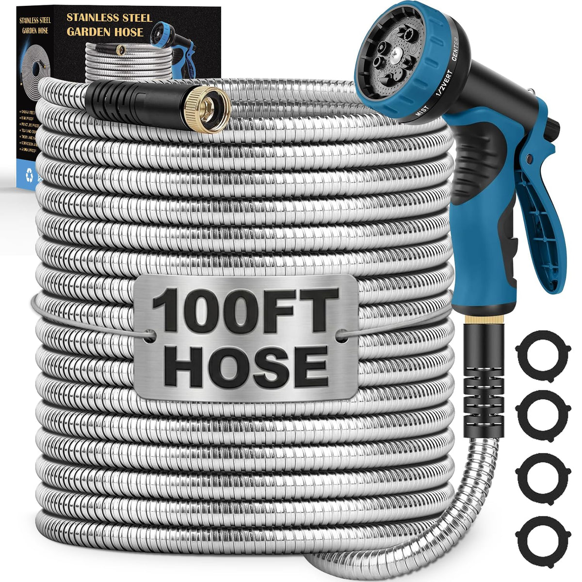 LINODI metal garden hose 100ft with stainless steel braid for kink-free watering.