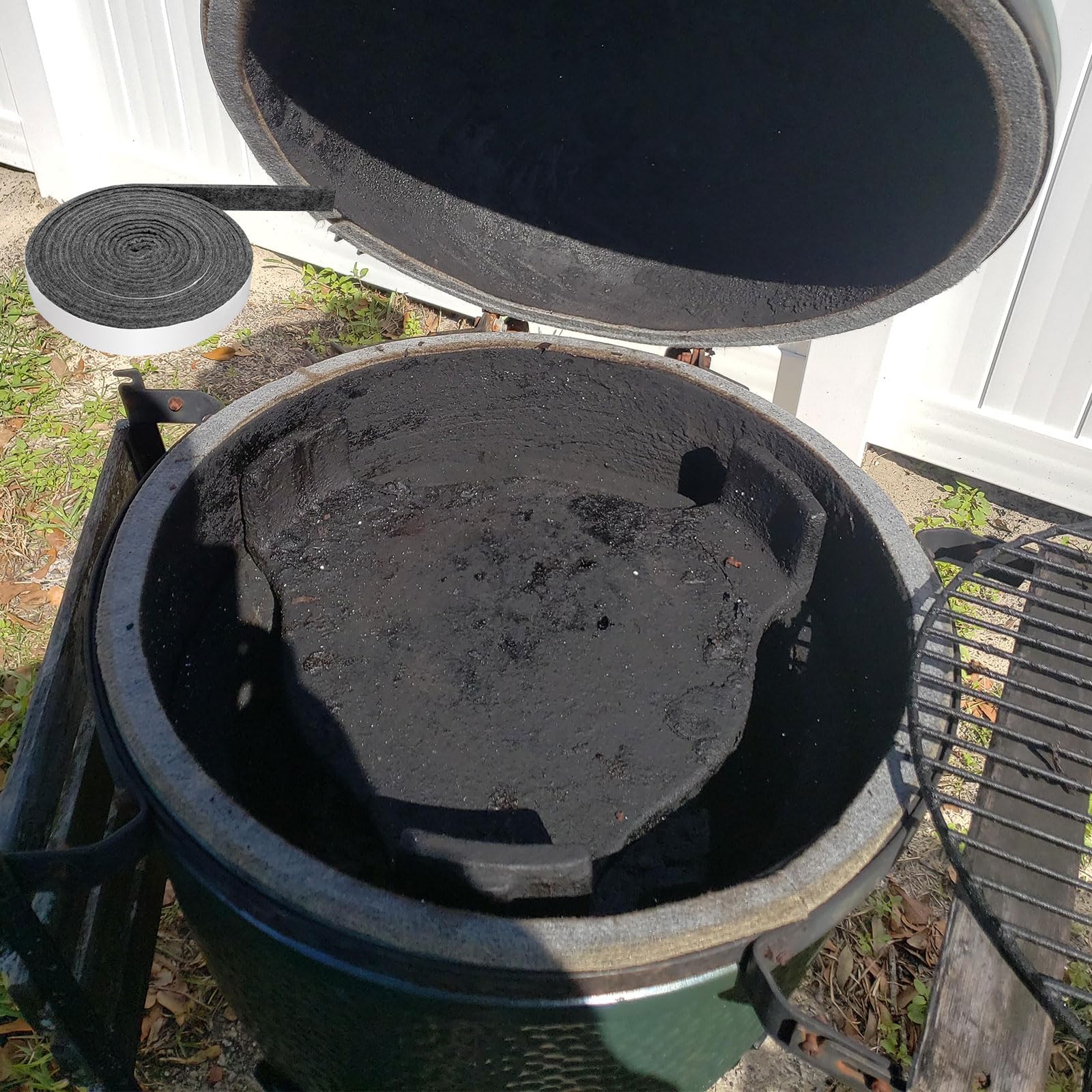 Linone smoker gasket tape on BBQ grill enhances leak-free sealing.