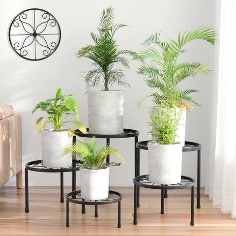Linpla five-pack metal plant stands for versatile indoor use and stability.
