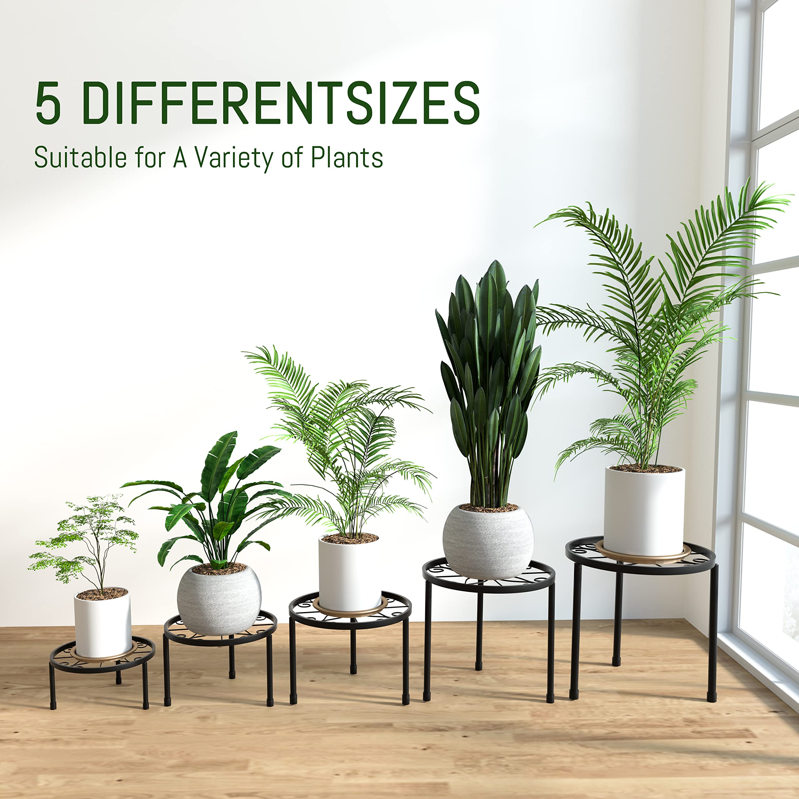 Linpla variable-size plant stands adapt to different pots and spaces.
