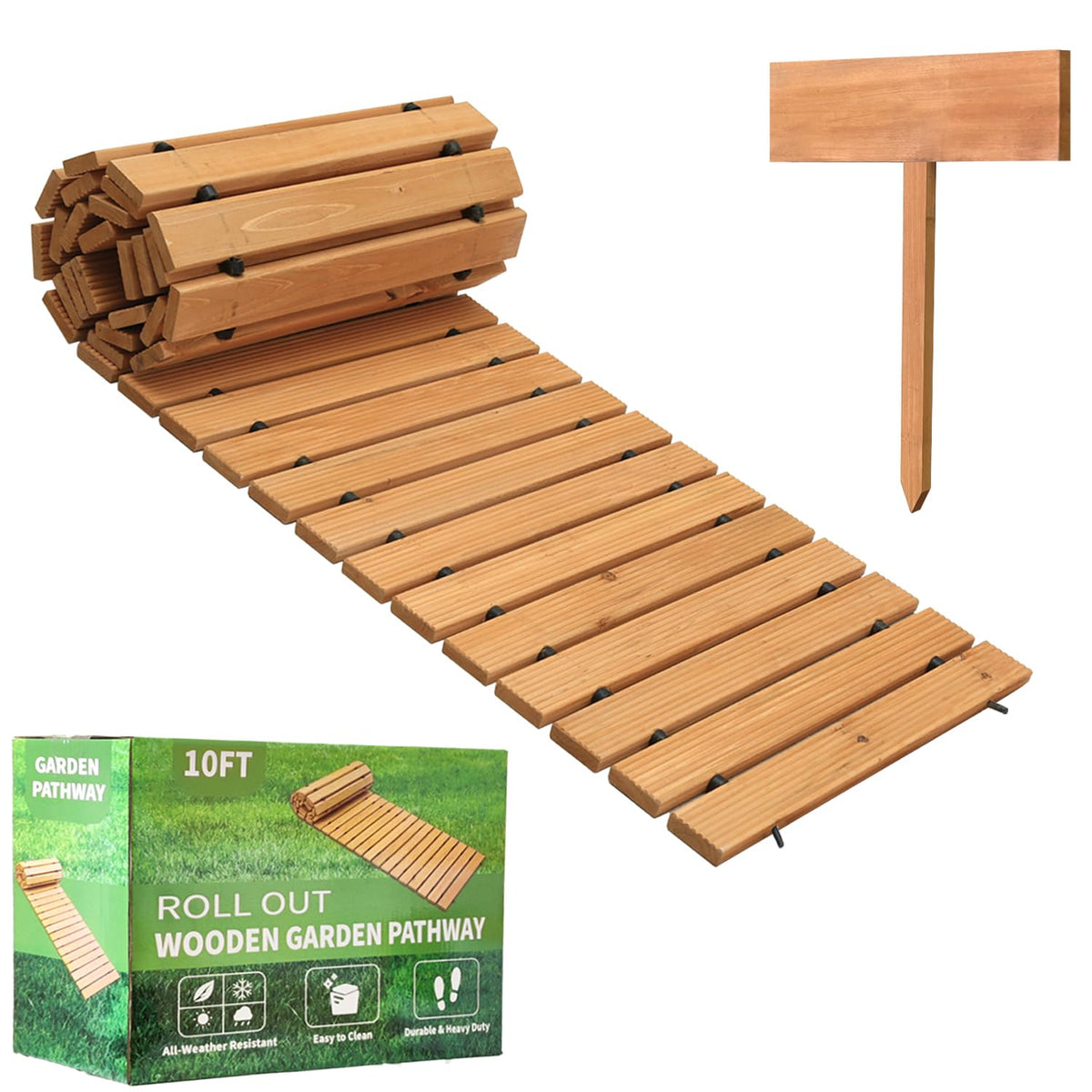 LINSHRY 10ft wooden garden pathway unrolled on grass for clean, dry feet