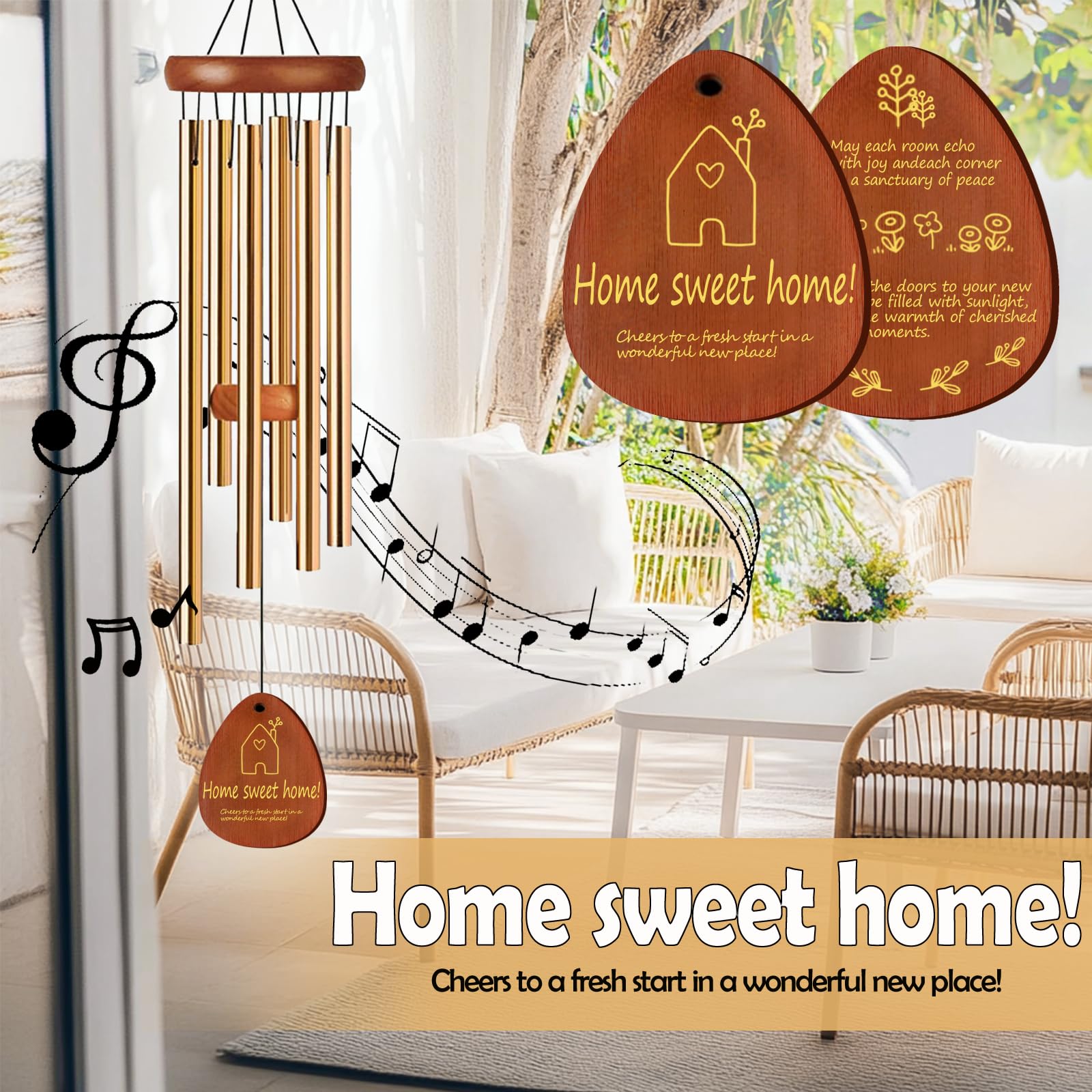 Lintriguingly wind chimes hanging inside create serene atmosphere and gentle sound