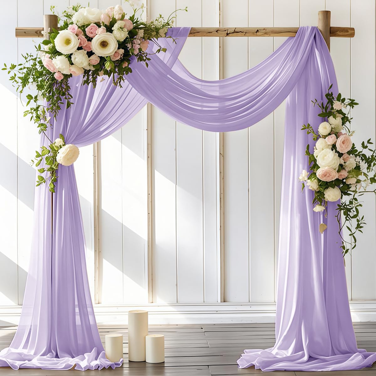 LINXTAR wedding arch drape panel in lilac creates romantic backdrop for outdoor ceremonies.