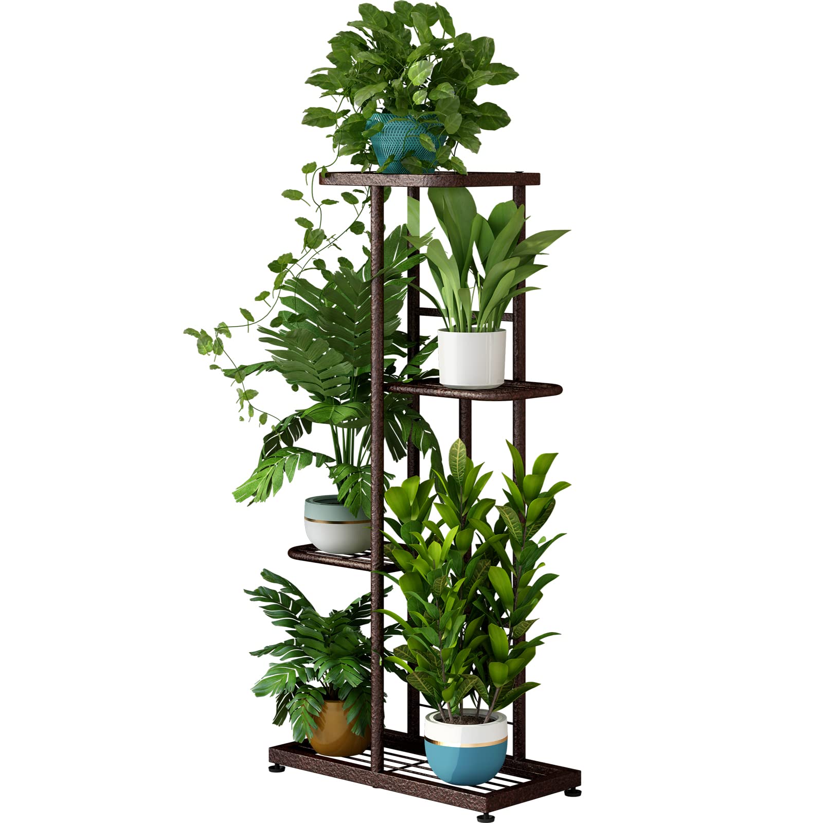 LINZINAR 4-tier bronze plant stand, front view, sturdy display for multiple potted plants