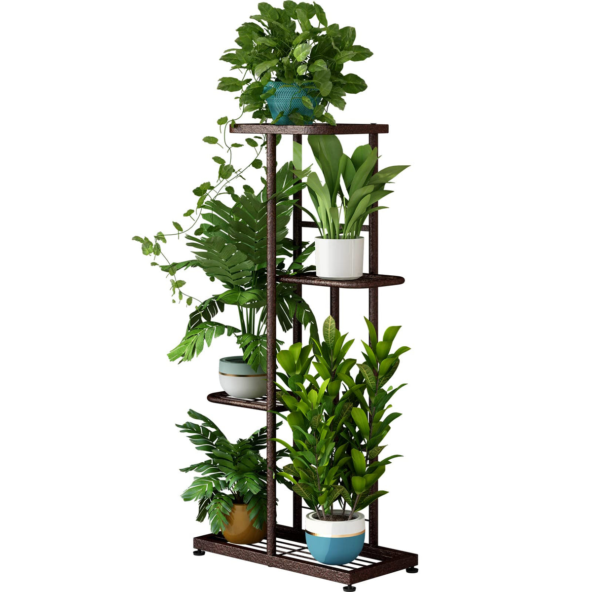 LINZINAR 4-tier bronze plant stand, front view, sturdy display for multiple potted plants