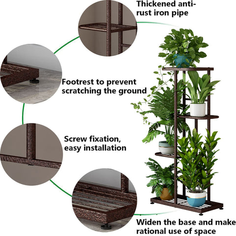 LINZINAR 4-tier bronze plant stand in a corner, ideal for compact gardens