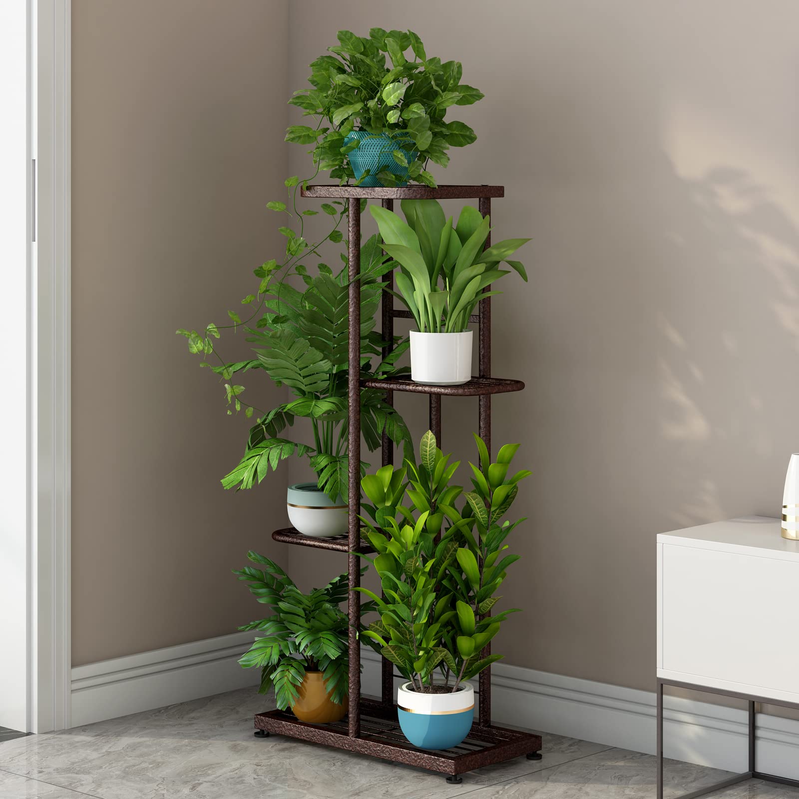 LINZINAR 4-tier bronze plant stand, top view, even grid spacing for balanced pots