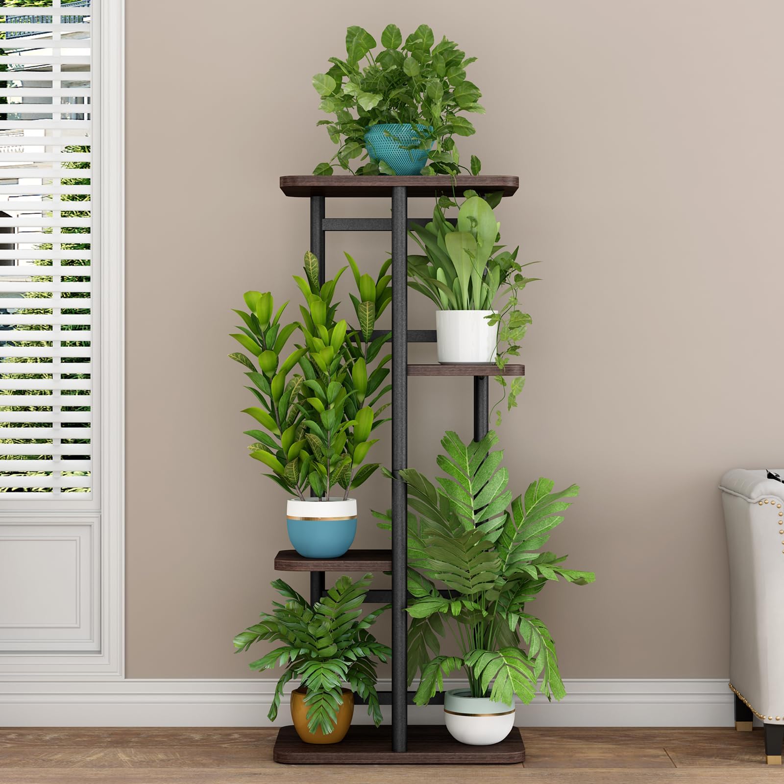Linzinar plant stand 4-tier front view highlights durable, balanced display